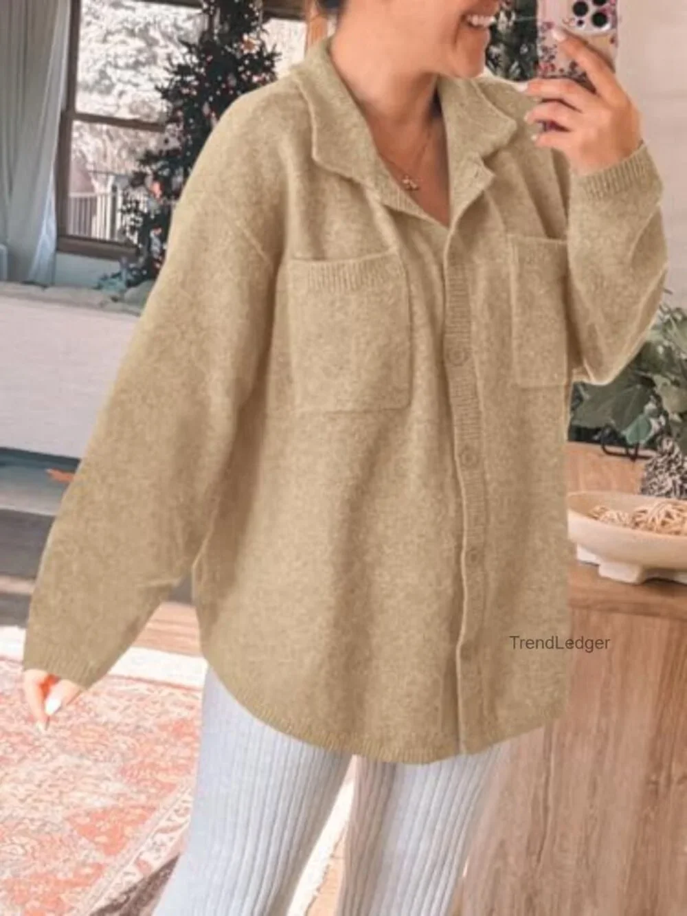 Womens Collared Cardigan Sweater Jacket Button Down Oversized Long Sleeve Knit